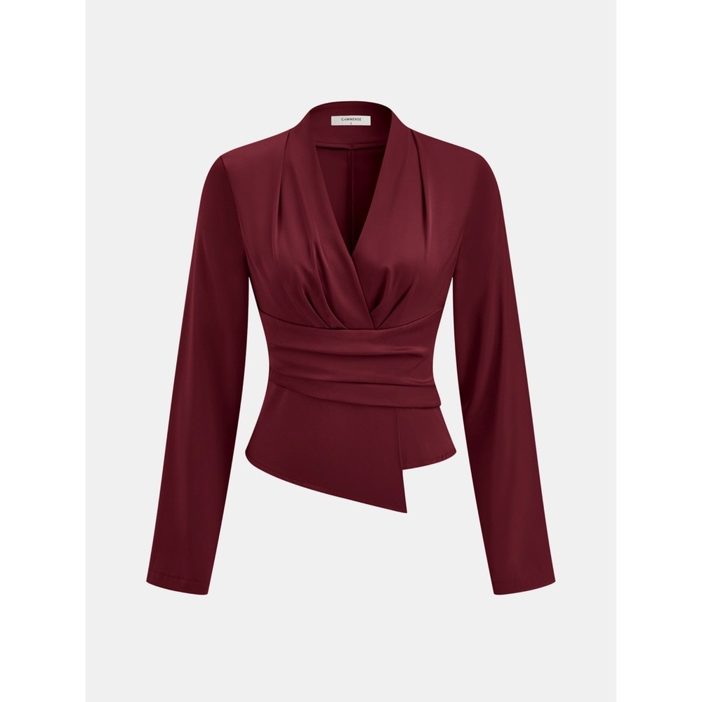 Commense Blouse Womens XL Dark Red Satin Surplice Pleated Asymmetrical Hem Top